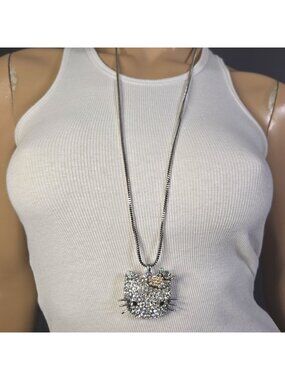 Y2K Deadstock Hello Kitty Large Rhinestone Pendant Statement Necklace Mcbling